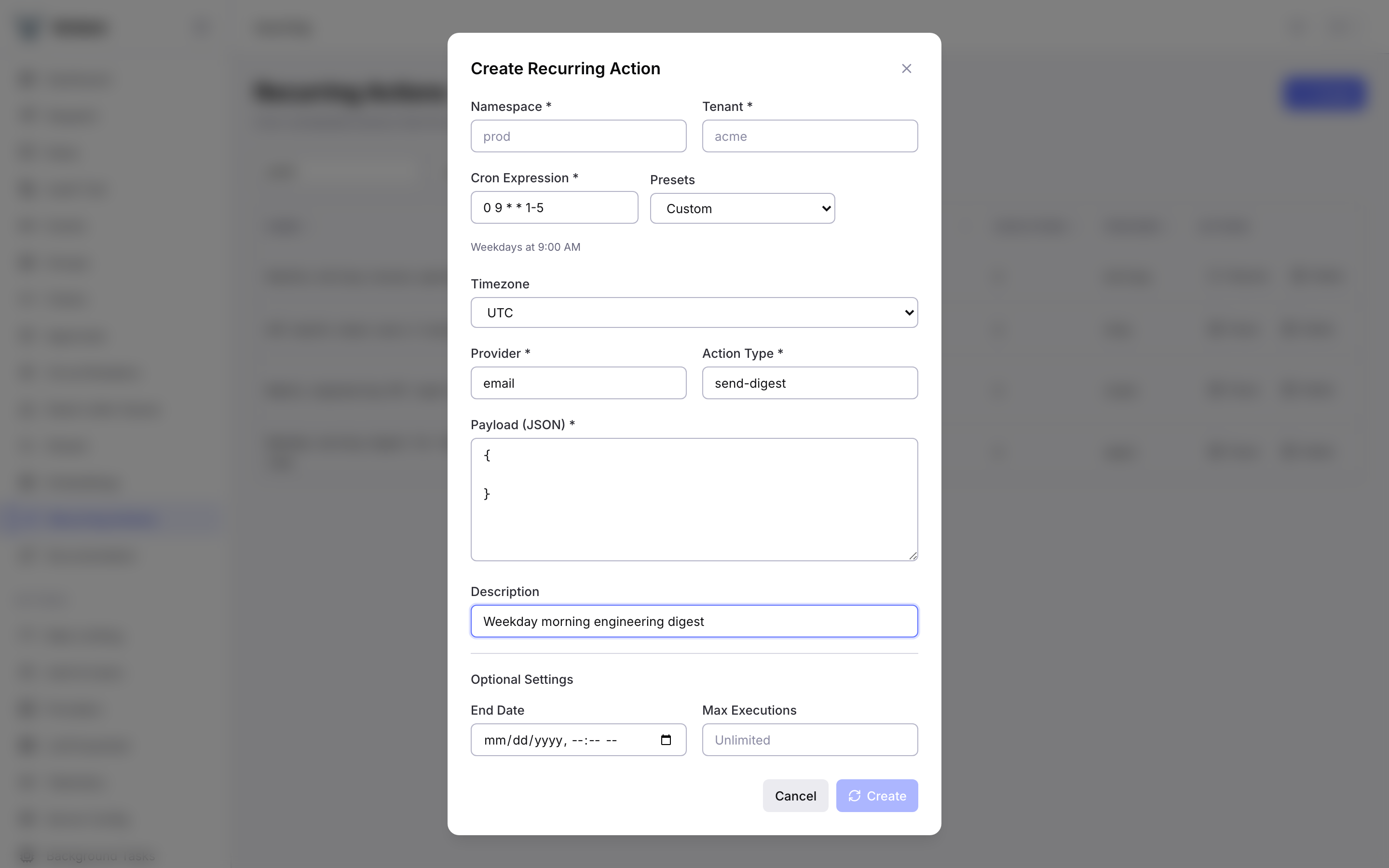 Create Recurring Action dialog