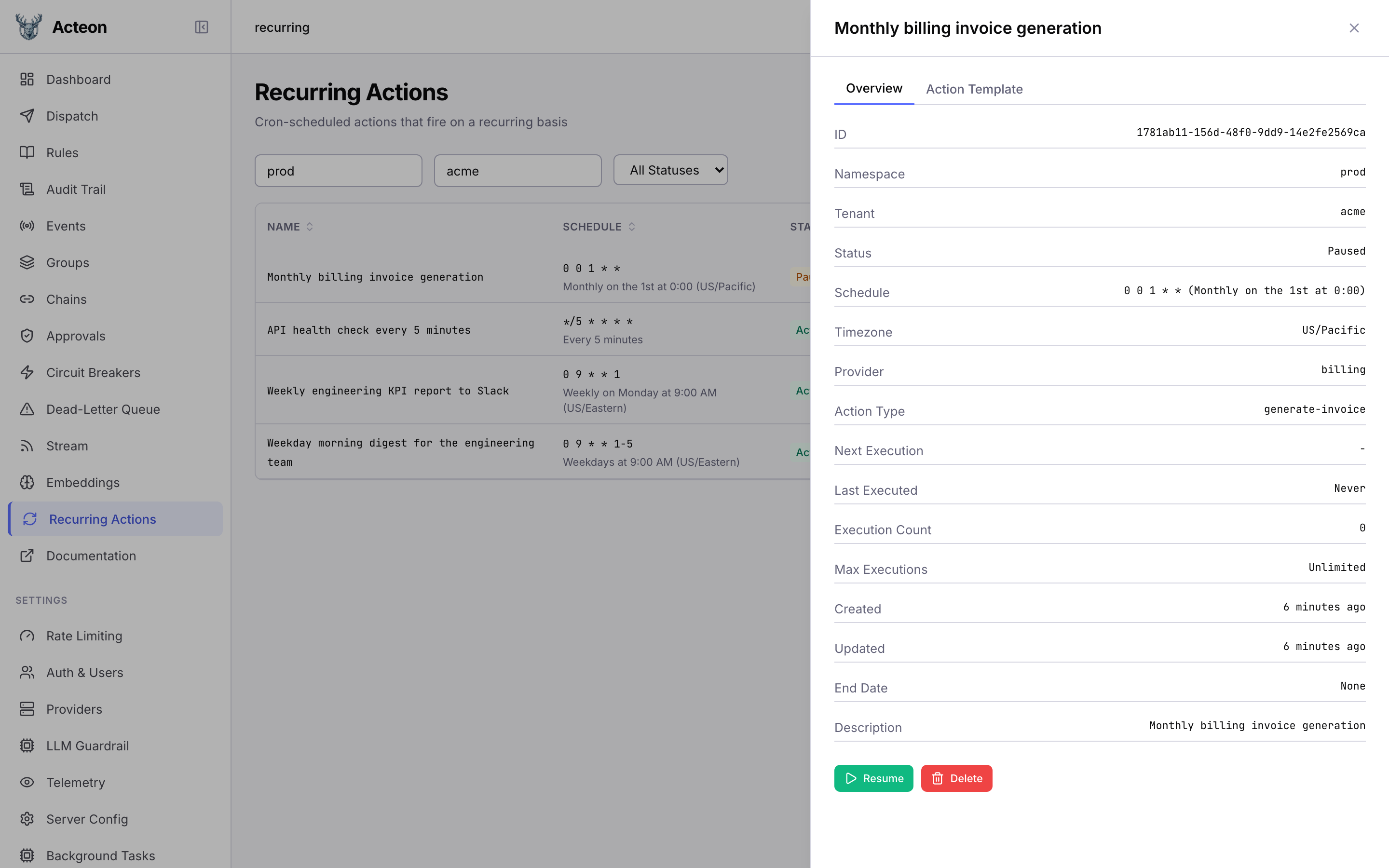 Recurring Action detail drawer
