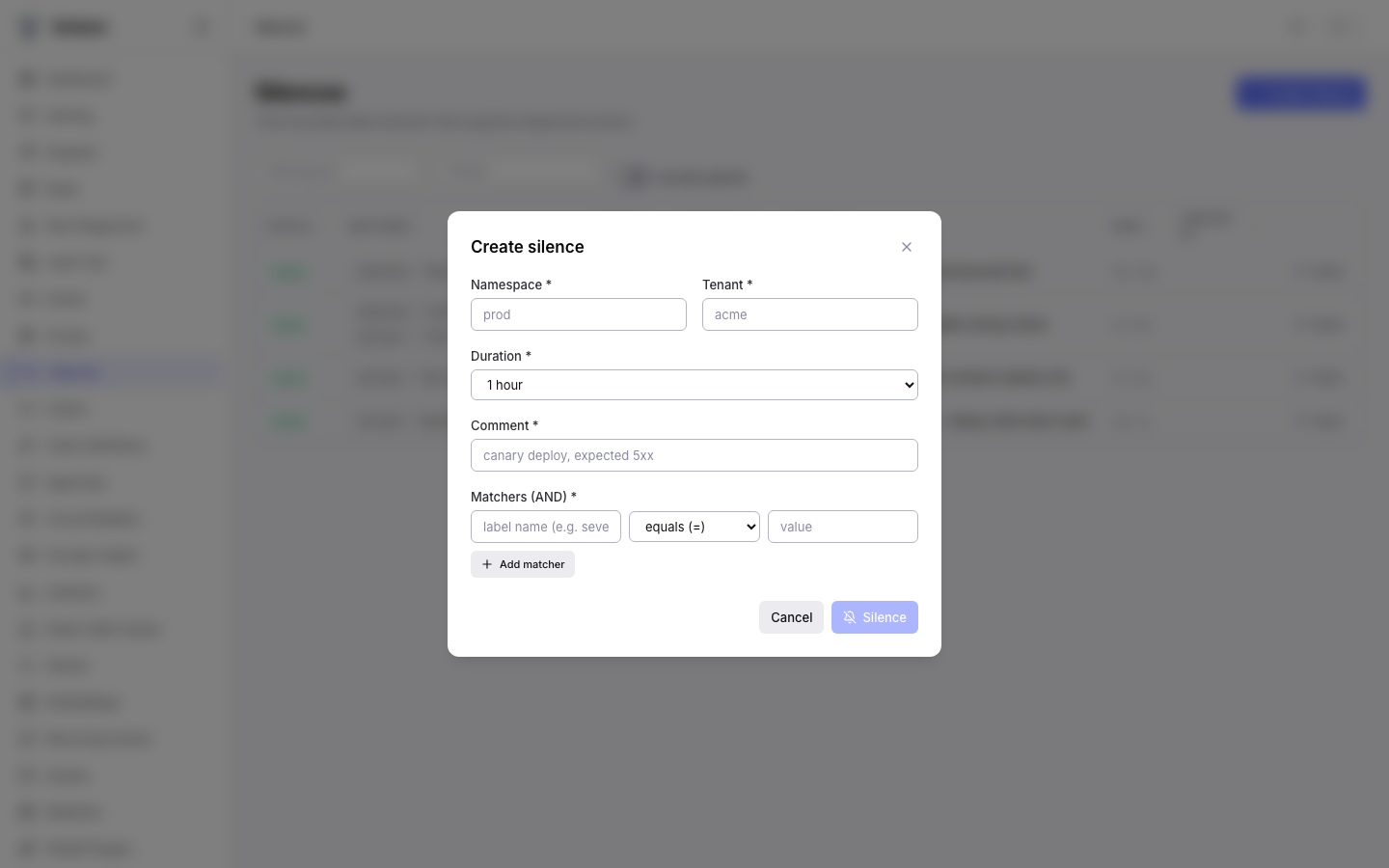 Create silence modal