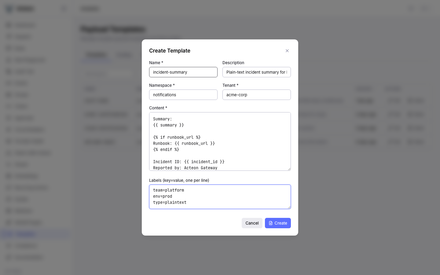 Create Template modal